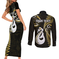 Personalised New Zealand Couples Short Sleeve Bodycon Dress and Long Sleeve Button Shirts Aotearoa Silver Fern With Manaia Maori Unique Gold - Wonder Print Shop