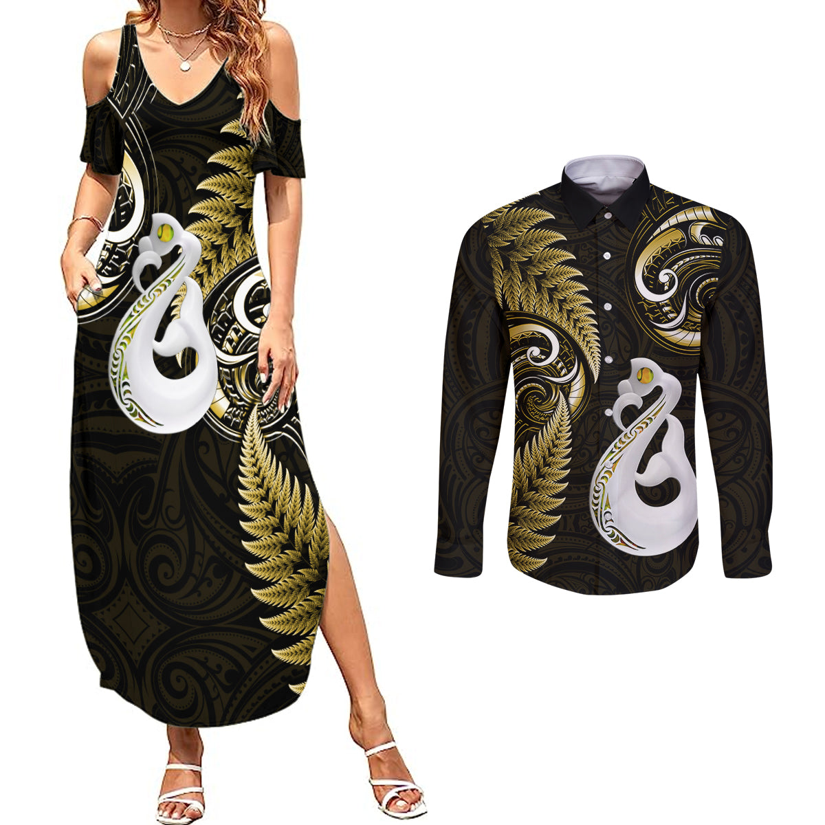 Personalised New Zealand Couples Summer Maxi Dress and Long Sleeve Button Shirts Aotearoa Silver Fern With Manaia Maori Unique Gold - Wonder Print Shop