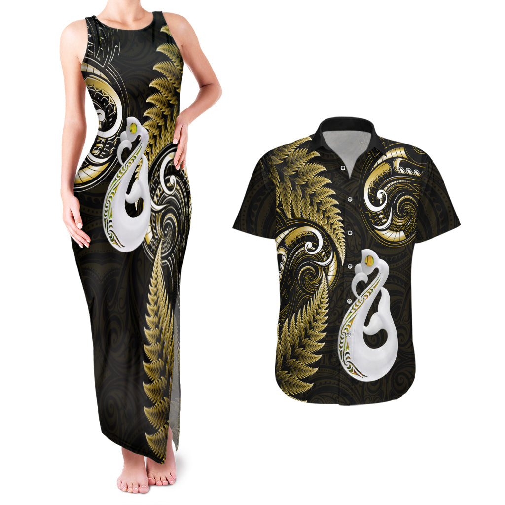Personalised New Zealand Couples Matching Tank Maxi Dress And Hawaiian Shirt Aotearoa Silver Fern With Manaia Maori Unique Gold - Wonder Print Shop