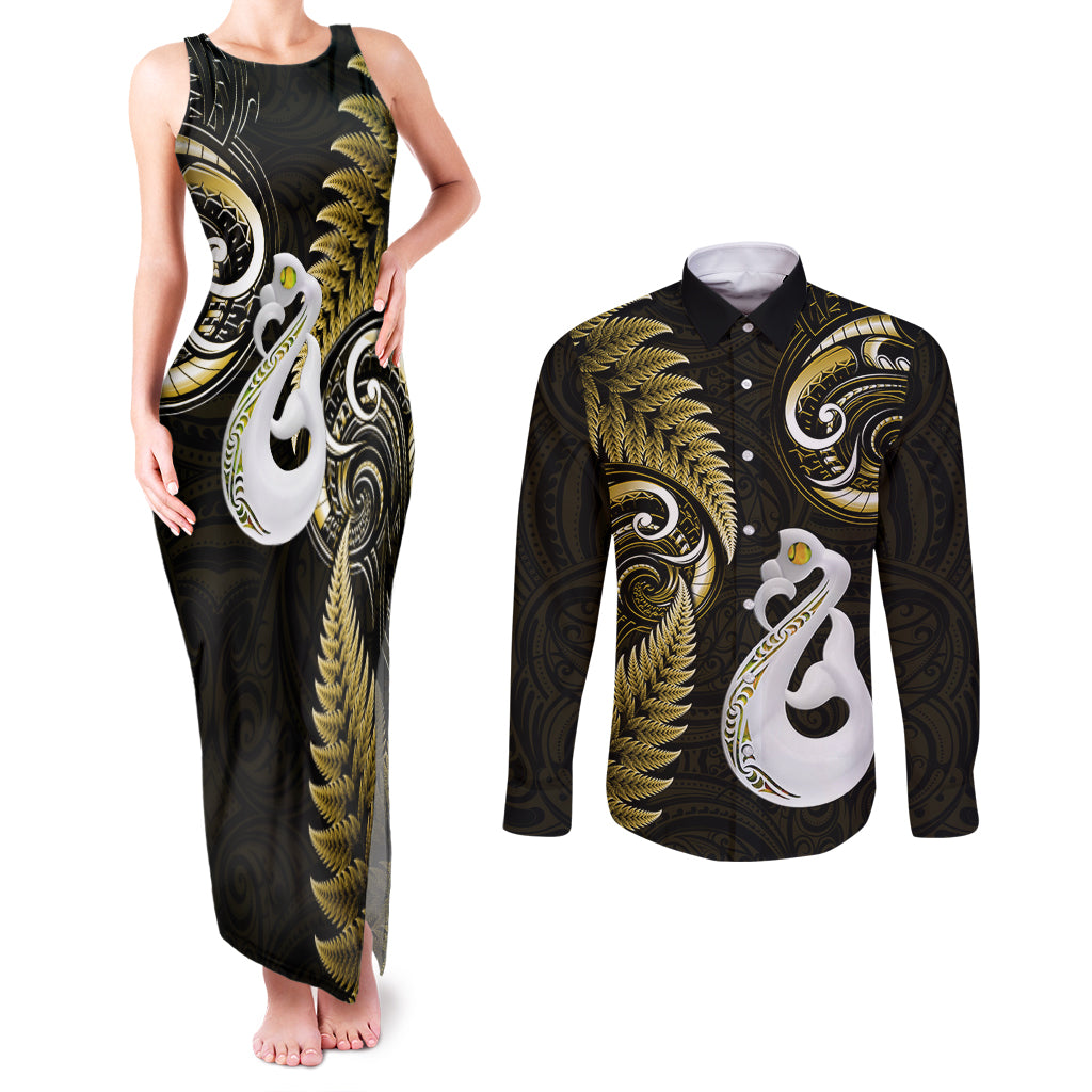 Personalised New Zealand Couples Matching Tank Maxi Dress and Long Sleeve Button Shirts Aotearoa Silver Fern With Manaia Maori Unique Gold - Wonder Print Shop