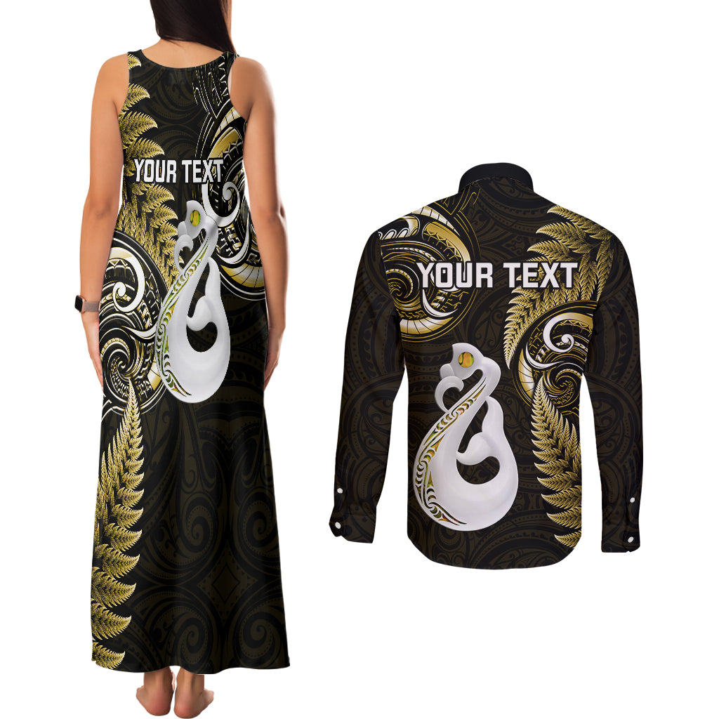 Personalised New Zealand Couples Matching Tank Maxi Dress and Long Sleeve Button Shirts Aotearoa Silver Fern With Manaia Maori Unique Gold - Wonder Print Shop