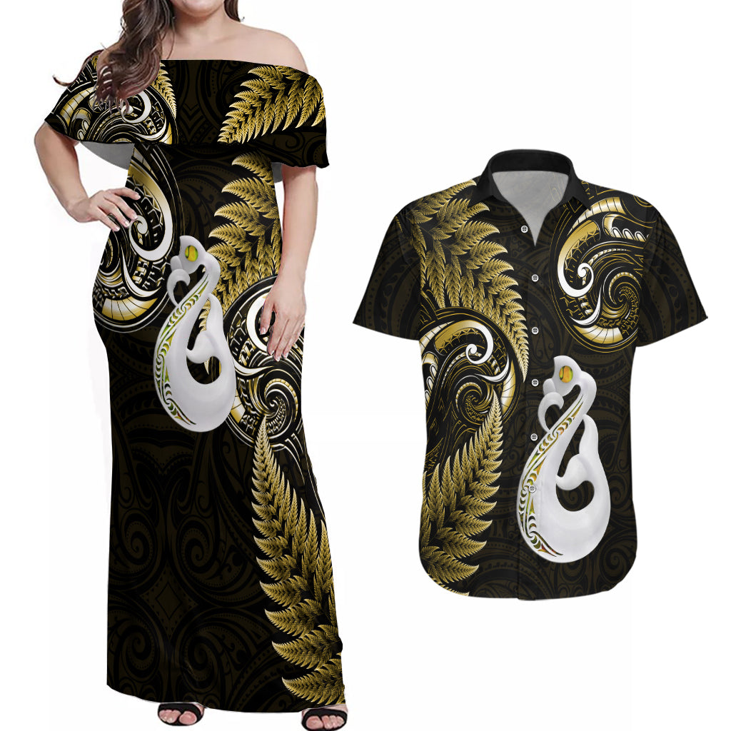Personalised New Zealand Couples Off Shoulder Maxi Dress and Hawaiian Shirt Aotearoa Silver Fern With Manaia Maori Unique Gold - Wonder Print Shop