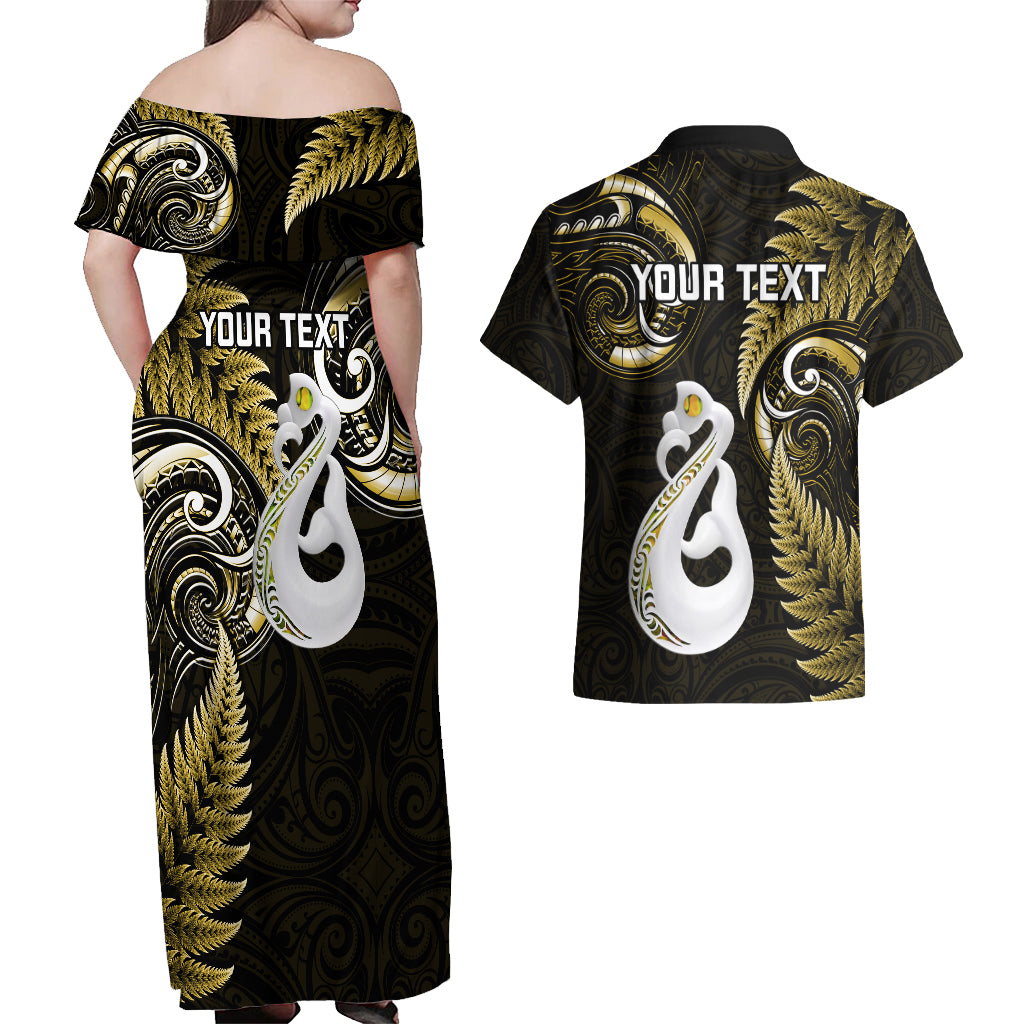 Personalised New Zealand Couples Off Shoulder Maxi Dress and Hawaiian Shirt Aotearoa Silver Fern With Manaia Maori Unique Gold - Wonder Print Shop