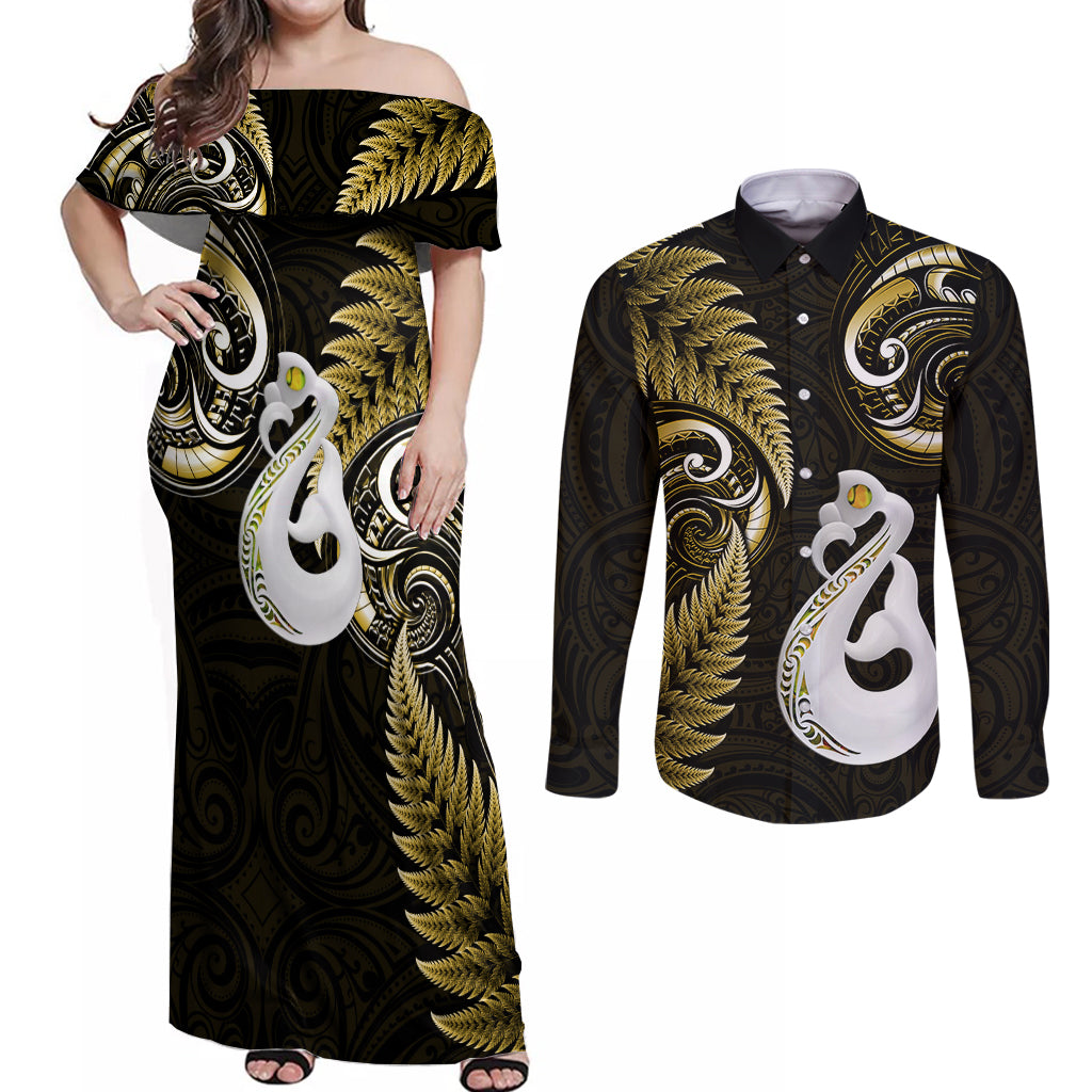 Personalised New Zealand Couples Off Shoulder Maxi Dress and Long Sleeve Button Shirts Aotearoa Silver Fern With Manaia Maori Unique Gold - Wonder Print Shop