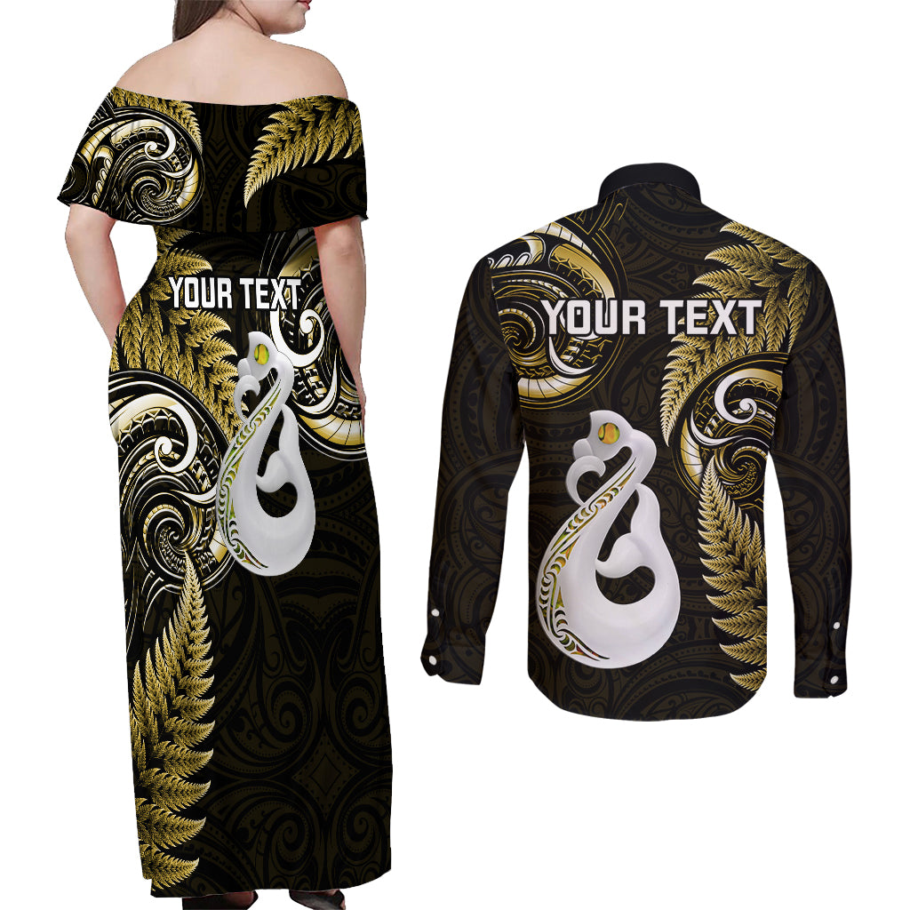 Personalised New Zealand Couples Off Shoulder Maxi Dress and Long Sleeve Button Shirts Aotearoa Silver Fern With Manaia Maori Unique Gold - Wonder Print Shop