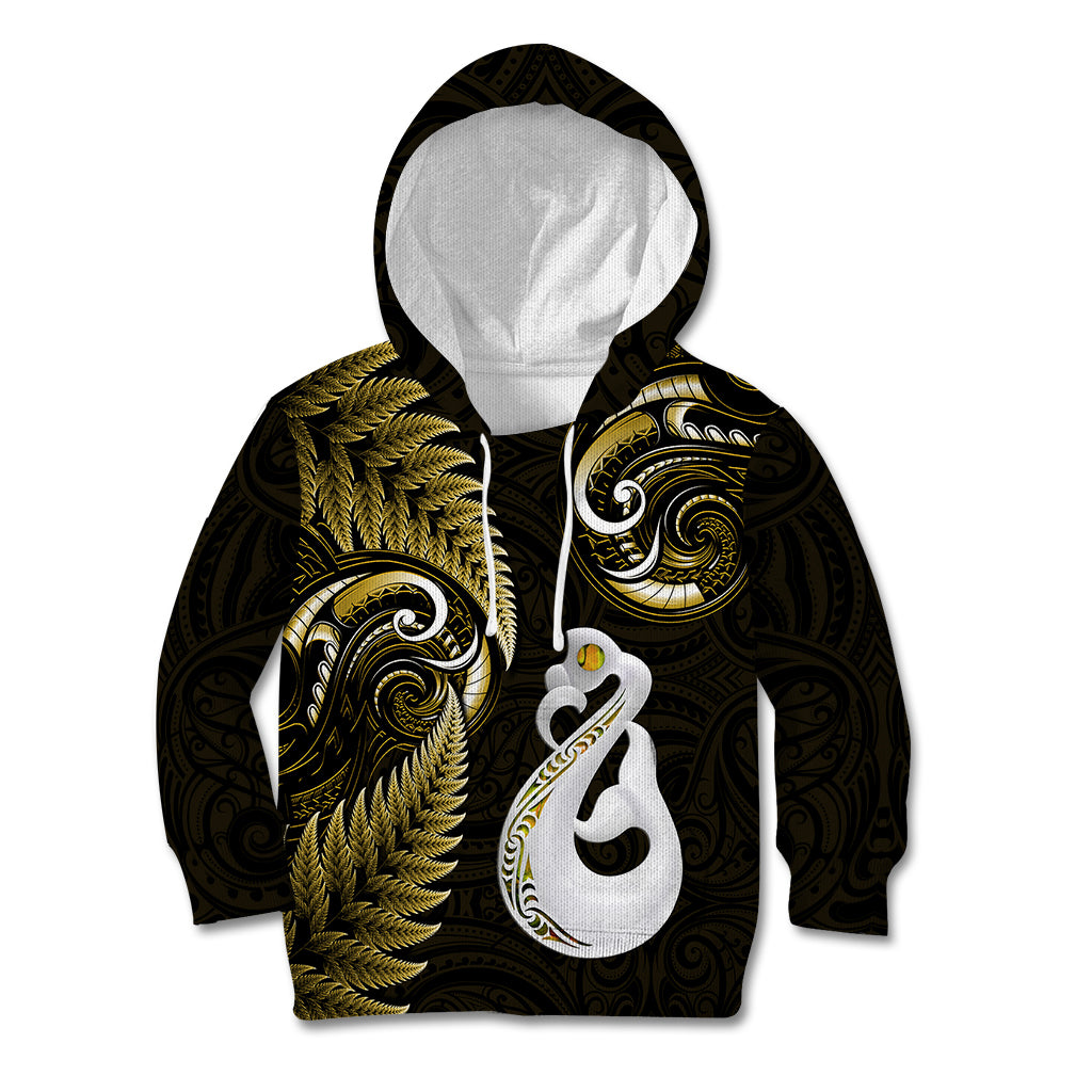 Personalised New Zealand Kid Hoodie Aotearoa Silver Fern With Manaia Maori Unique Gold - Wonder Print Shop