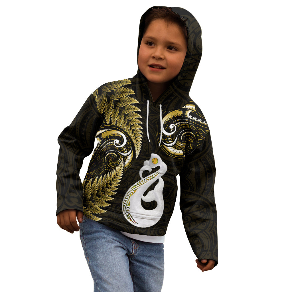 Personalised New Zealand Kid Hoodie Aotearoa Silver Fern With Manaia Maori Unique Gold - Wonder Print Shop