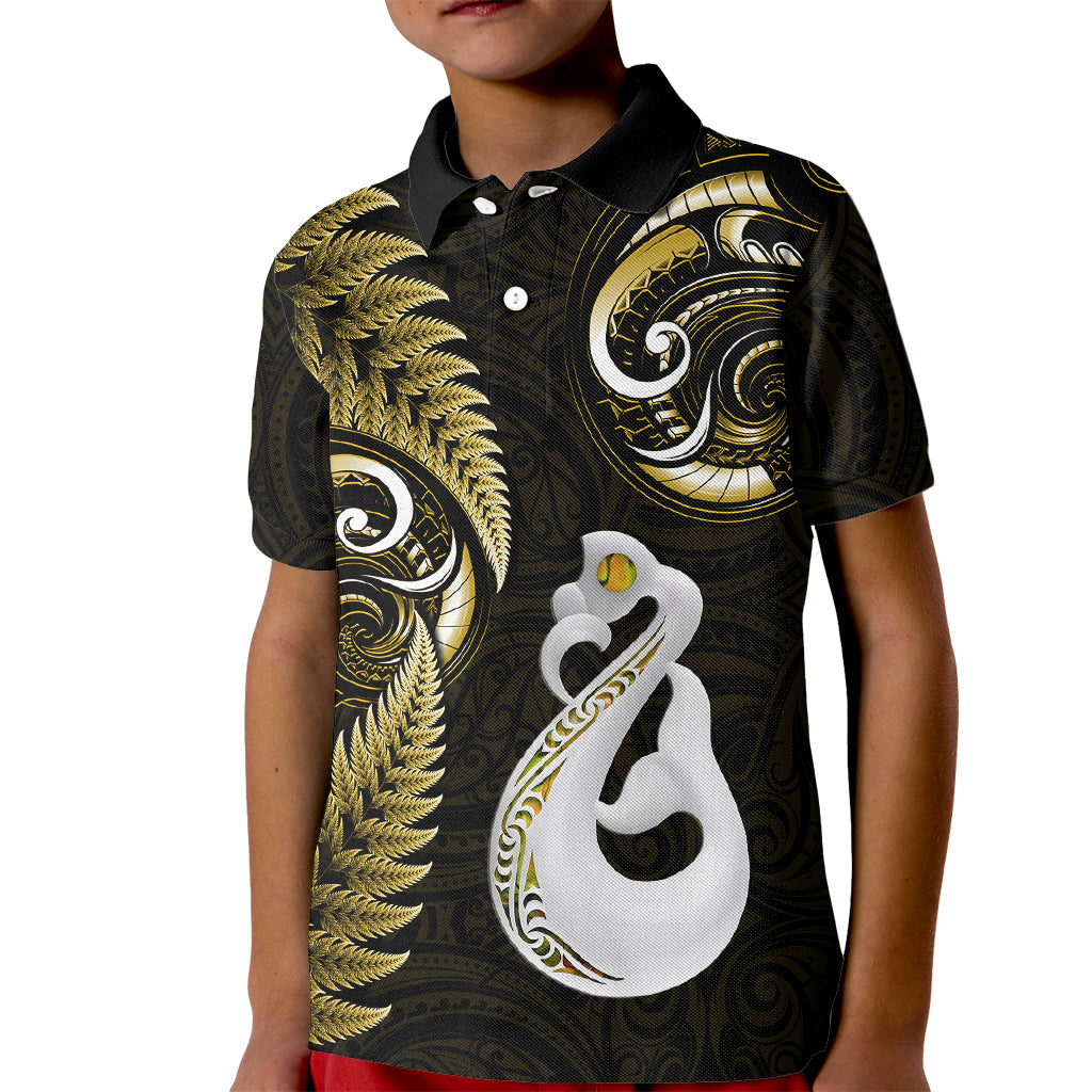 Personalised New Zealand Kid Polo Shirt Aotearoa Silver Fern With Manaia Maori Unique Gold - Wonder Print Shop