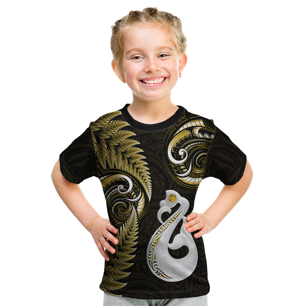 Personalised New Zealand Kid T Shirt Aotearoa Silver Fern With Manaia Maori Unique Gold - Wonder Print Shop