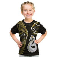Personalised New Zealand Kid T Shirt Aotearoa Silver Fern With Manaia Maori Unique Gold - Wonder Print Shop