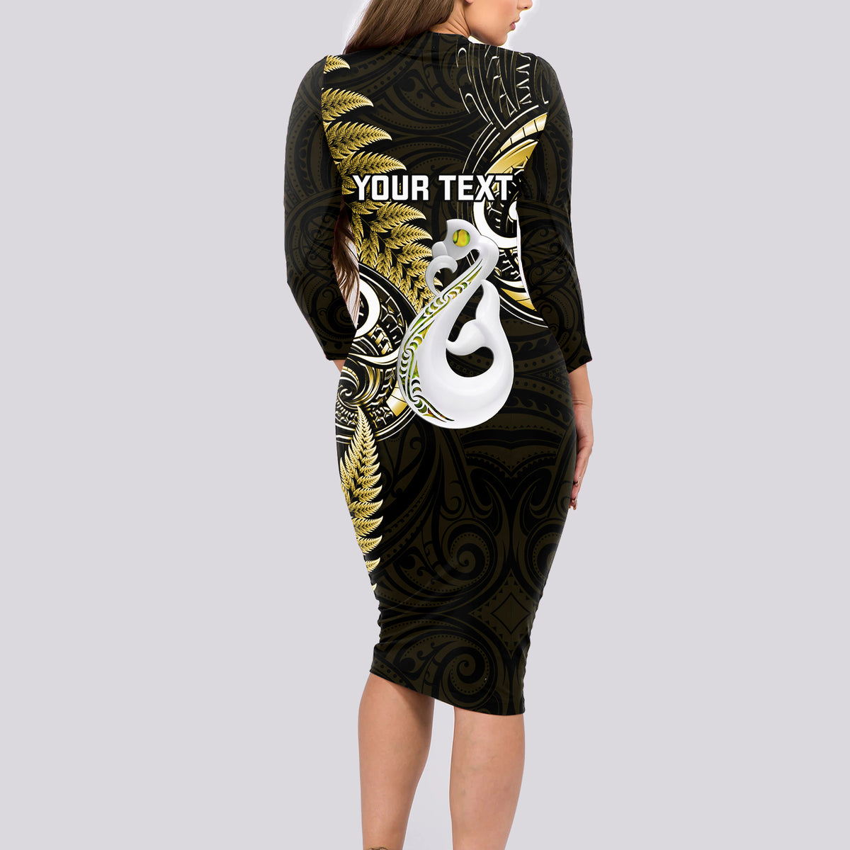 Personalised New Zealand Long Sleeve Bodycon Dress Aotearoa Silver Fern With Manaia Maori Unique Gold - Wonder Print Shop