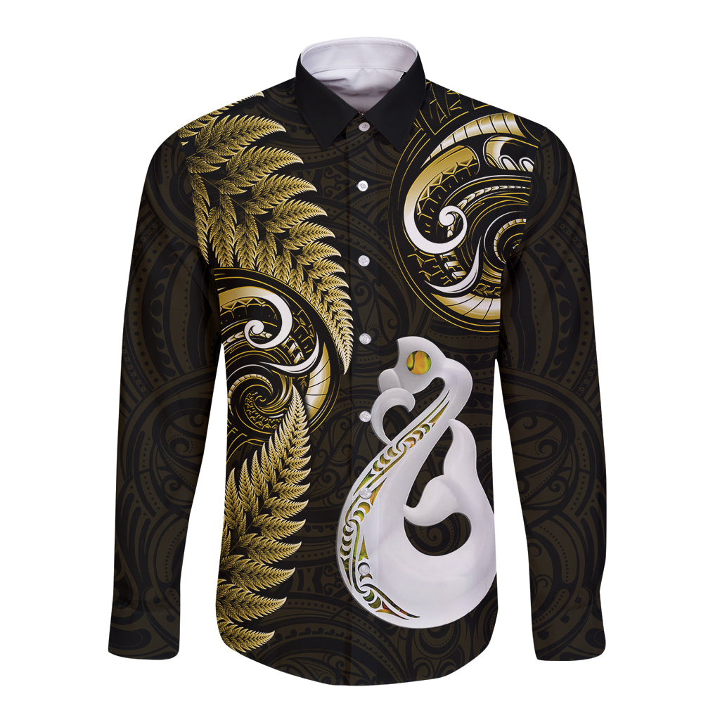 Personalised New Zealand Long Sleeve Button Shirt Aotearoa Silver Fern With Manaia Maori Unique Gold - Wonder Print Shop