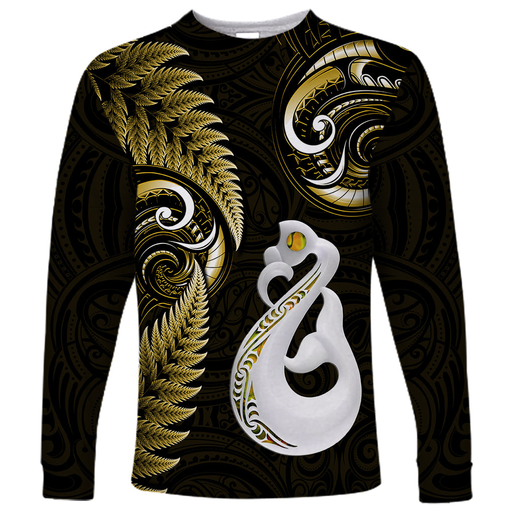 Personalised New Zealand Long Sleeve Shirt Aotearoa Silver Fern With Manaia Maori Unique Gold - Wonder Print Shop