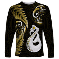 Personalised New Zealand Long Sleeve Shirt Aotearoa Silver Fern With Manaia Maori Unique Gold - Wonder Print Shop