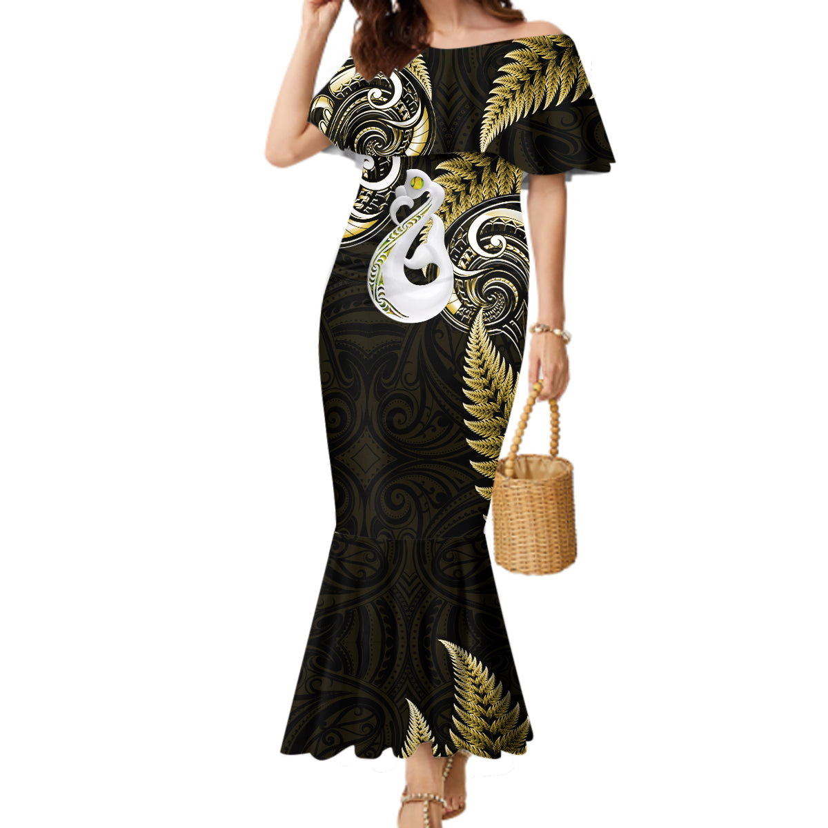Personalised New Zealand Mermaid Dress Aotearoa Silver Fern With Manaia Maori Unique Gold - Wonder Print Shop
