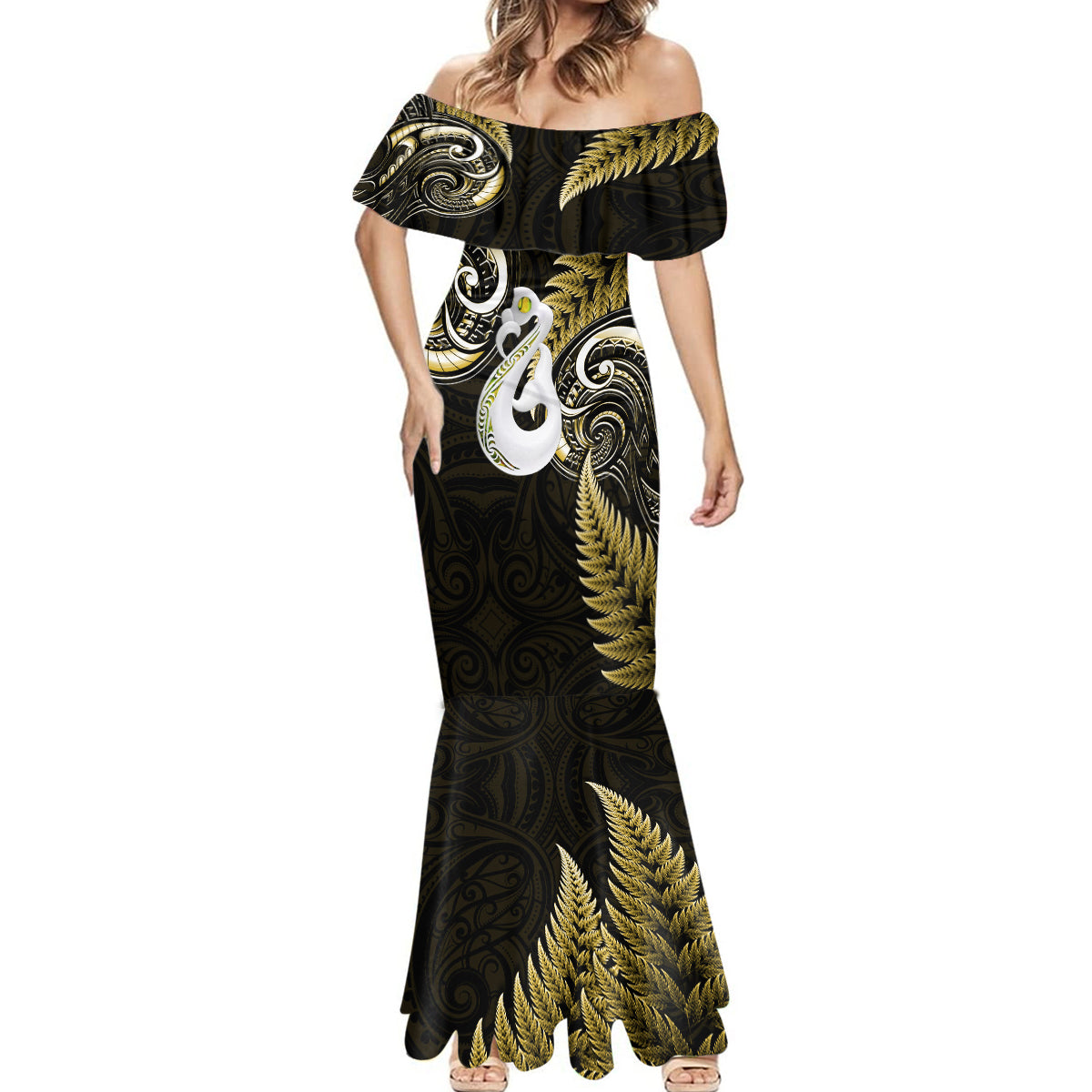Personalised New Zealand Mermaid Dress Aotearoa Silver Fern With Manaia Maori Unique Gold - Wonder Print Shop