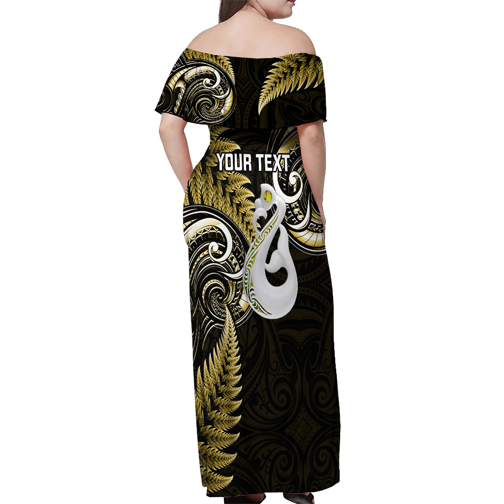 Personalised New Zealand Off Shoulder Maxi Dress Aotearoa Silver Fern With Manaia Maori Unique Gold - Wonder Print Shop