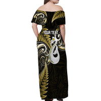 Personalised New Zealand Off Shoulder Maxi Dress Aotearoa Silver Fern With Manaia Maori Unique Gold - Wonder Print Shop