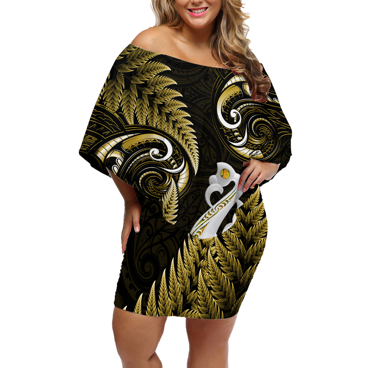 Personalised New Zealand Off Shoulder Short Dress Aotearoa Silver Fern With Manaia Maori Unique Gold - Wonder Print Shop