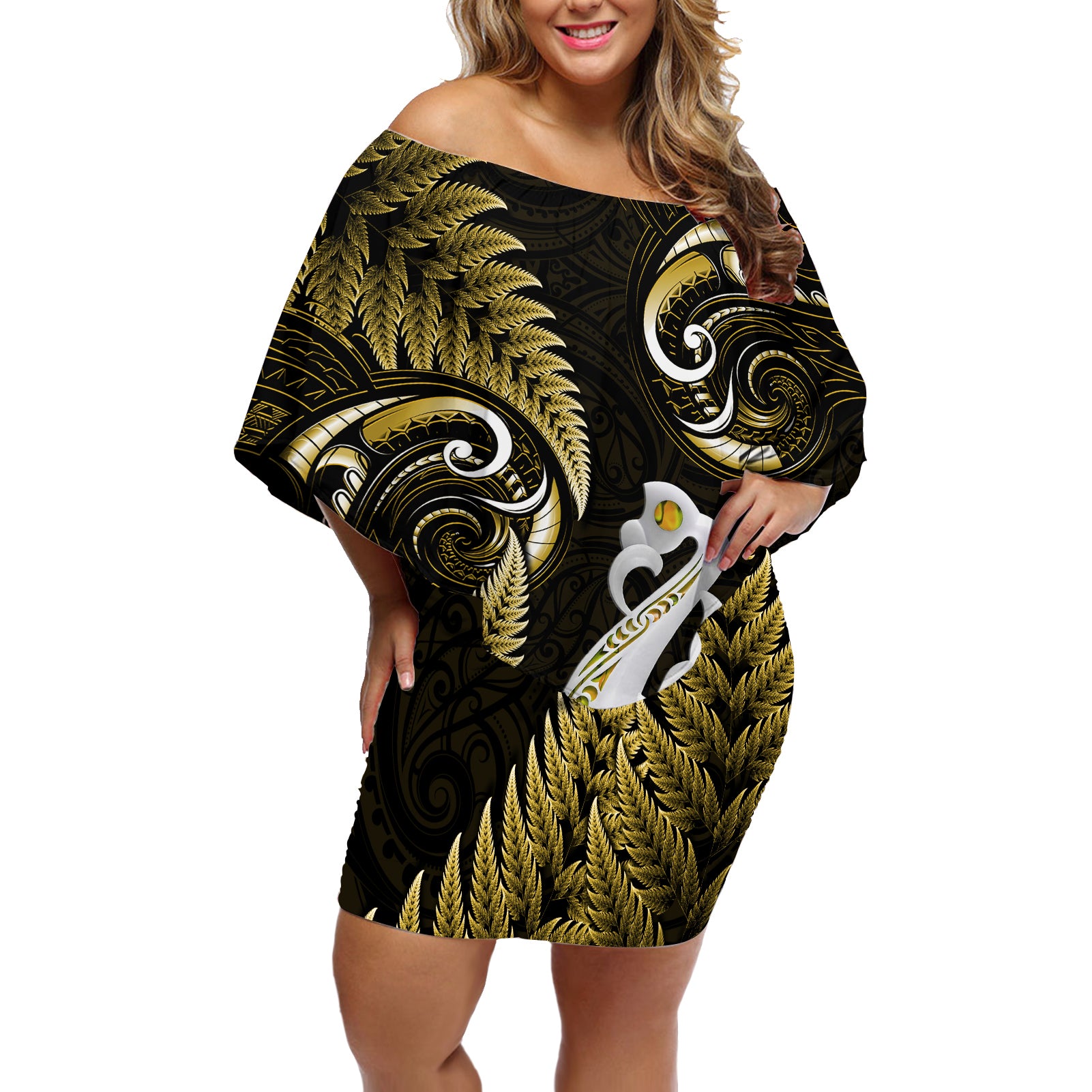 Personalised New Zealand Off Shoulder Short Dress Aotearoa Silver Fern With Manaia Maori Unique Gold - Wonder Print Shop