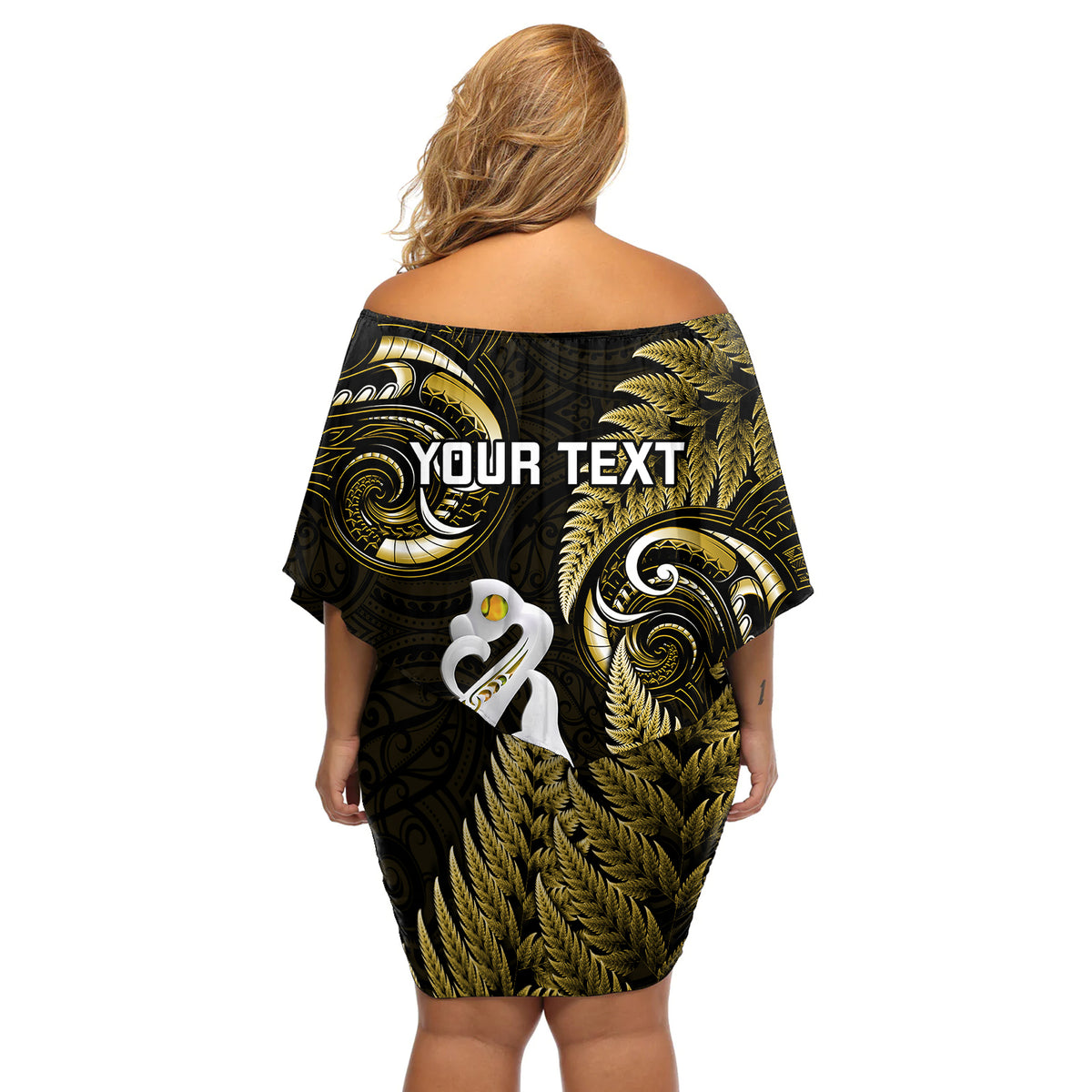 Personalised New Zealand Off Shoulder Short Dress Aotearoa Silver Fern With Manaia Maori Unique Gold - Wonder Print Shop