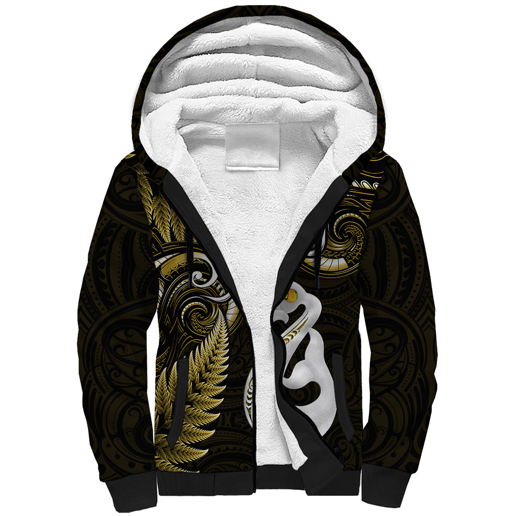 Personalised New Zealand Sherpa Hoodie Aotearoa Silver Fern With Manaia Maori Unique Gold - Wonder Print Shop