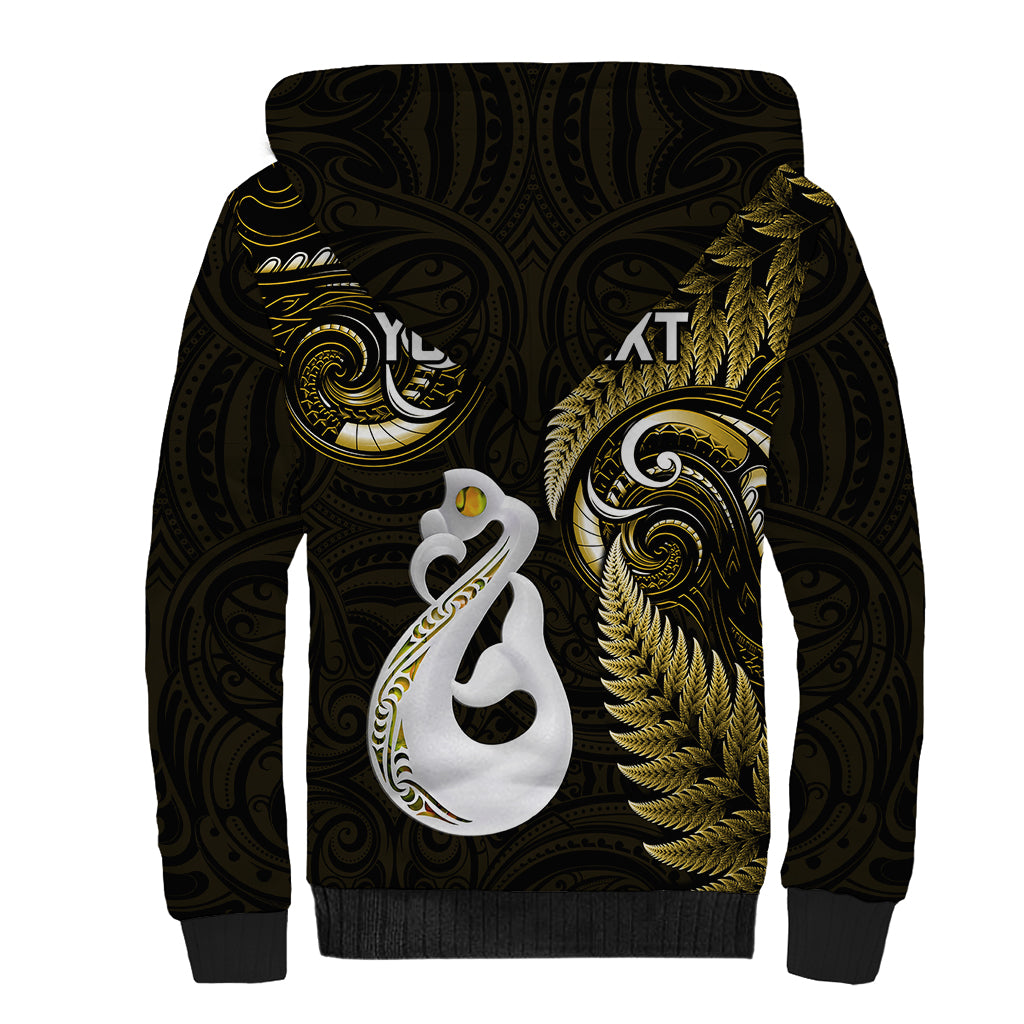 Personalised New Zealand Sherpa Hoodie Aotearoa Silver Fern With Manaia Maori Unique Gold - Wonder Print Shop