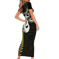Personalised New Zealand Short Sleeve Bodycon Dress Aotearoa Silver Fern With Manaia Maori Unique Gold - Wonder Print Shop