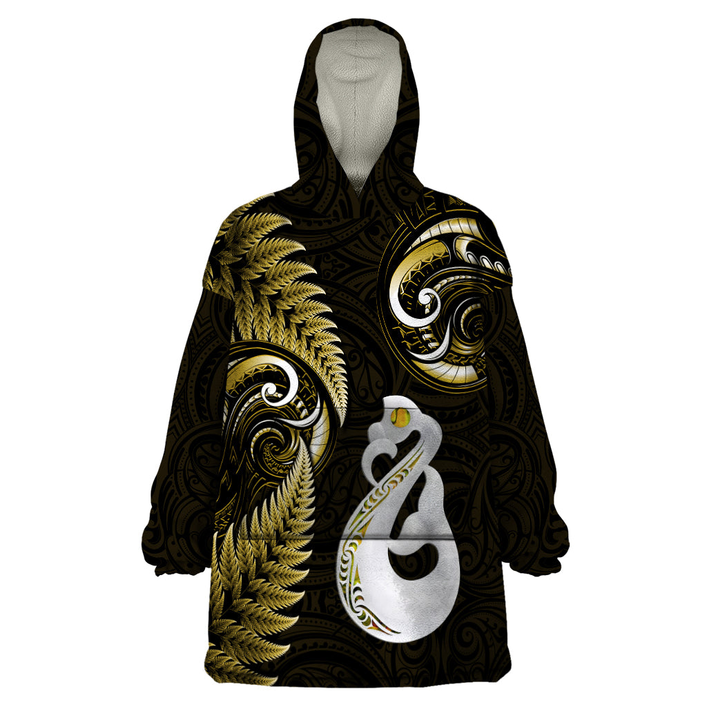 Personalised New Zealand Wearable Blanket Hoodie Aotearoa Silver Fern With Manaia Maori Unique Gold - Wonder Print Shop