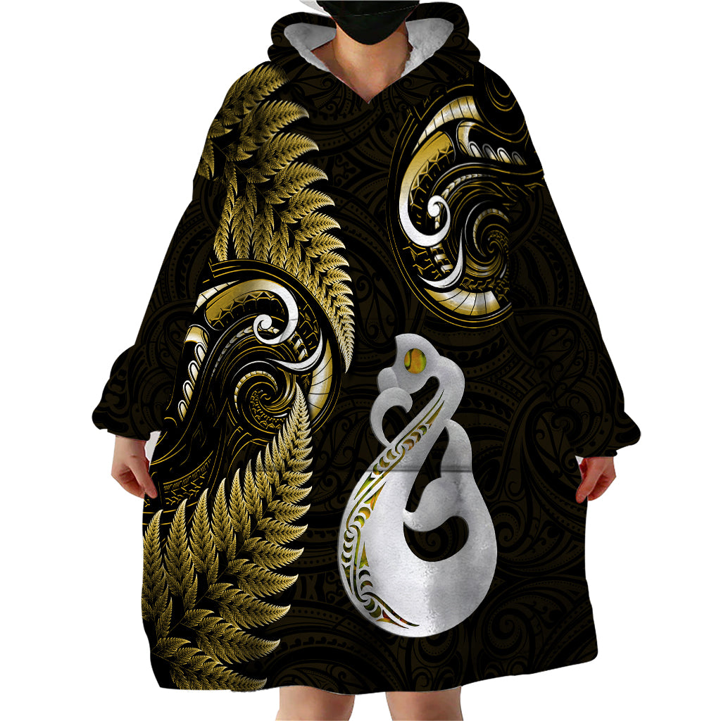 Personalised New Zealand Wearable Blanket Hoodie Aotearoa Silver Fern With Manaia Maori Unique Gold - Wonder Print Shop
