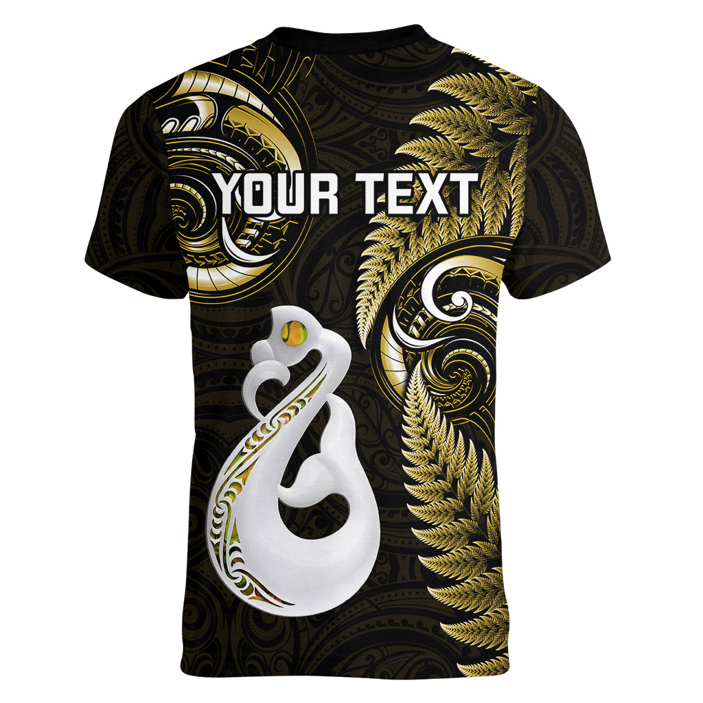 Personalised New Zealand Women V Neck T Shirt Aotearoa Silver Fern With Manaia Maori Unique Gold - Wonder Print Shop