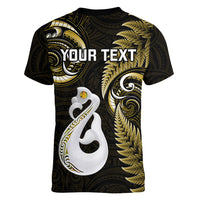 Personalised New Zealand Women V Neck T Shirt Aotearoa Silver Fern With Manaia Maori Unique Gold - Wonder Print Shop