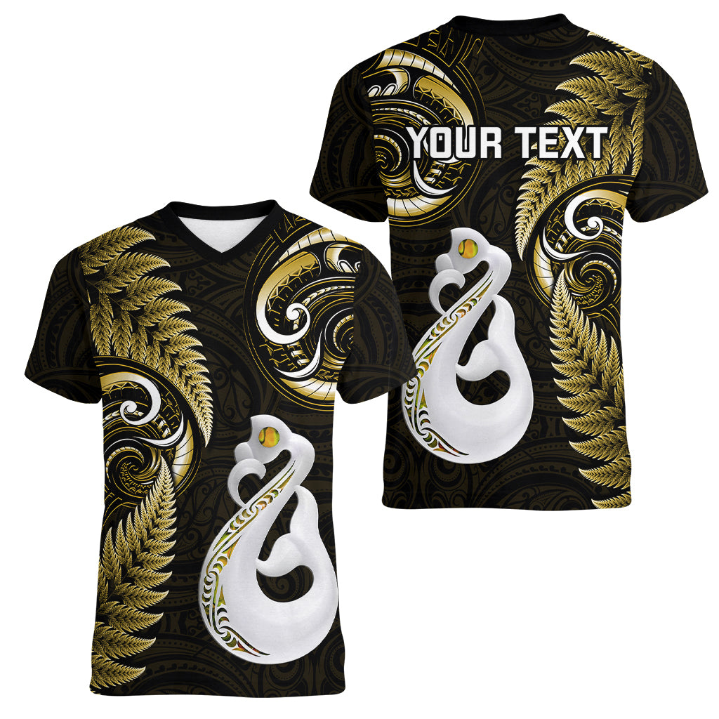 Personalised New Zealand Women V Neck T Shirt Aotearoa Silver Fern With Manaia Maori Unique Gold - Wonder Print Shop