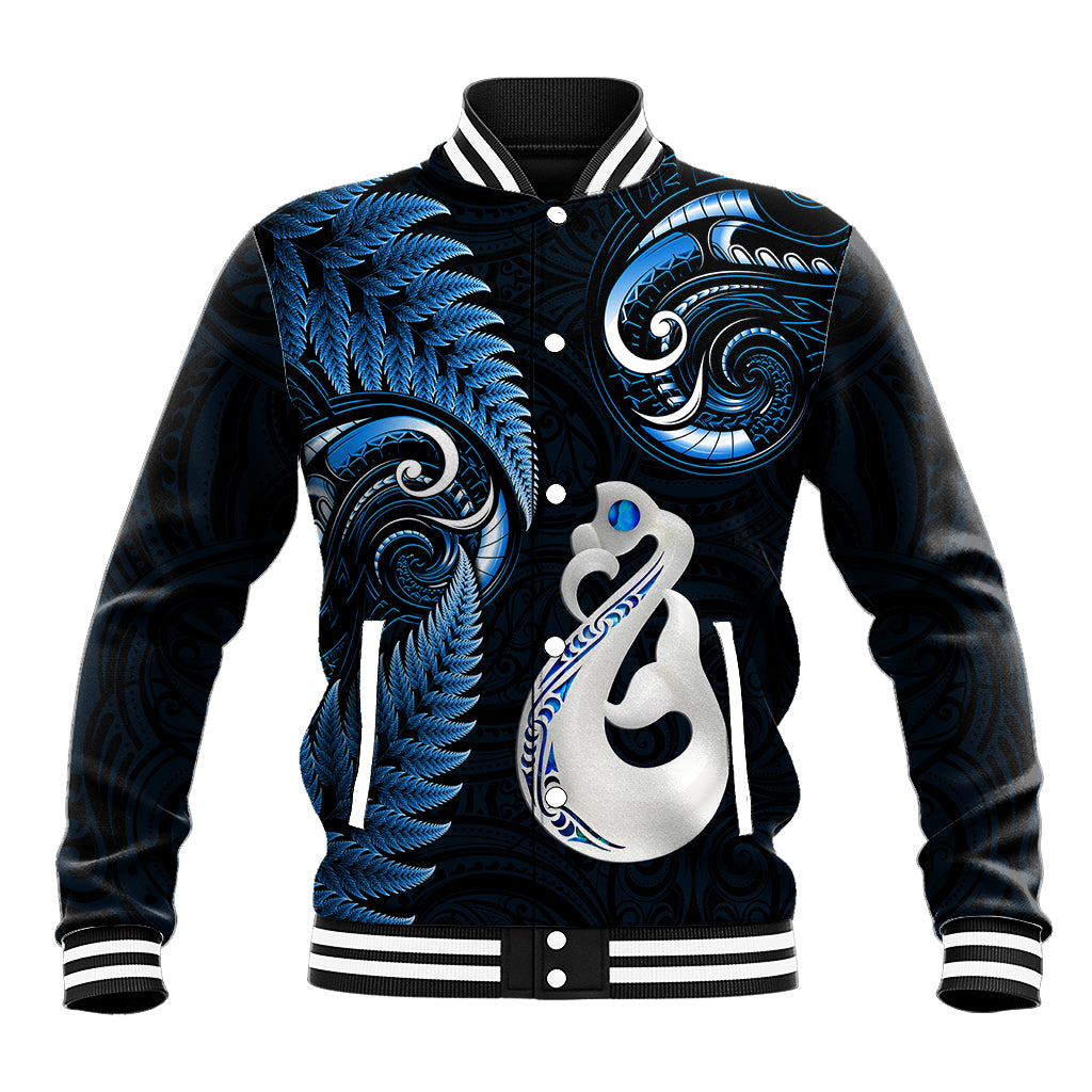 Personalised New Zealand Baseball Jacket Aotearoa Silver Fern With Manaia Maori Unique Blue - Wonder Print Shop