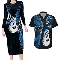 Personalised New Zealand Couples Long Sleeve Bodycon Dress and Hawaiian Shirt Aotearoa Silver Fern With Manaia Maori Unique Blue - Wonder Print Shop