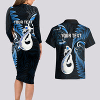Personalised New Zealand Couples Long Sleeve Bodycon Dress and Hawaiian Shirt Aotearoa Silver Fern With Manaia Maori Unique Blue - Wonder Print Shop
