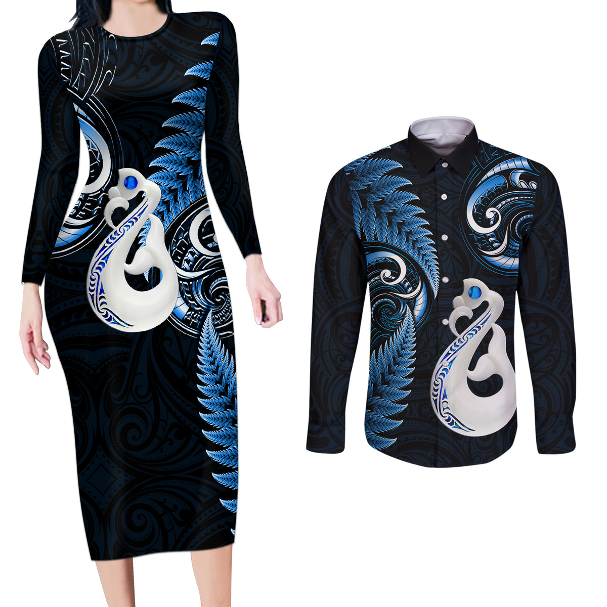 Personalised New Zealand Couples Long Sleeve Bodycon Dress and Long Sleeve Button Shirts Aotearoa Silver Fern With Manaia Maori Unique Blue - Wonder Print Shop