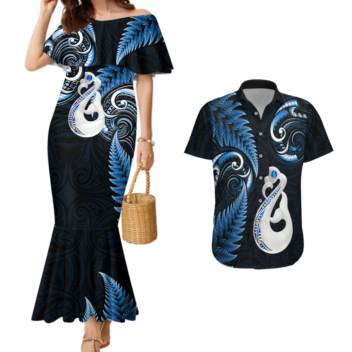 Personalised New Zealand Couples Mermaid Dress And Hawaiian Shirt Aotearoa Silver Fern With Manaia Maori Unique Blue - Wonder Print Shop