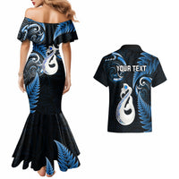 Personalised New Zealand Couples Mermaid Dress And Hawaiian Shirt Aotearoa Silver Fern With Manaia Maori Unique Blue - Wonder Print Shop