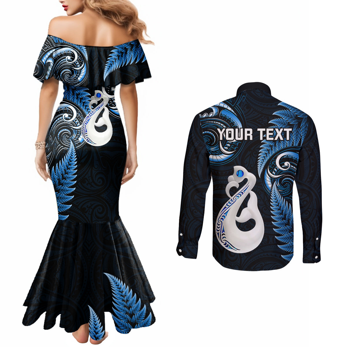 personalised-new-zealand-couples-mermaid-dress-and-long-sleeve-button-shirts-aotearoa-silver-fern-with-manaia-maori-unique-blue