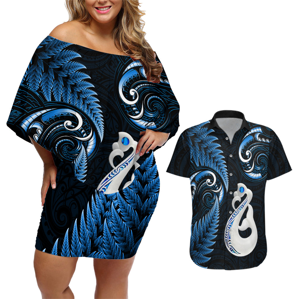 Personalised New Zealand Couples Off Shoulder Short Dress and Hawaiian Shirt Aotearoa Silver Fern With Manaia Maori Unique Blue - Wonder Print Shop