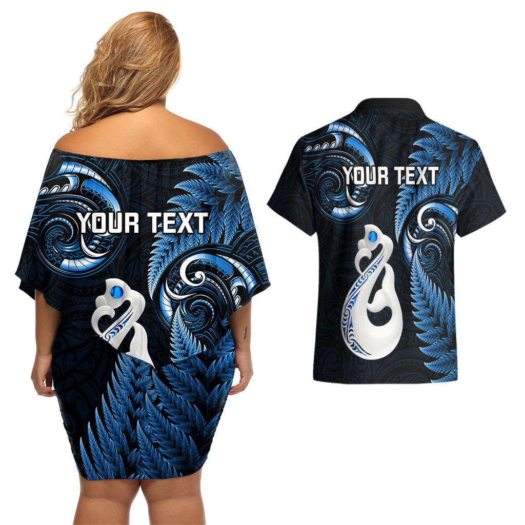 Personalised New Zealand Couples Off Shoulder Short Dress and Hawaiian Shirt Aotearoa Silver Fern With Manaia Maori Unique Blue - Wonder Print Shop