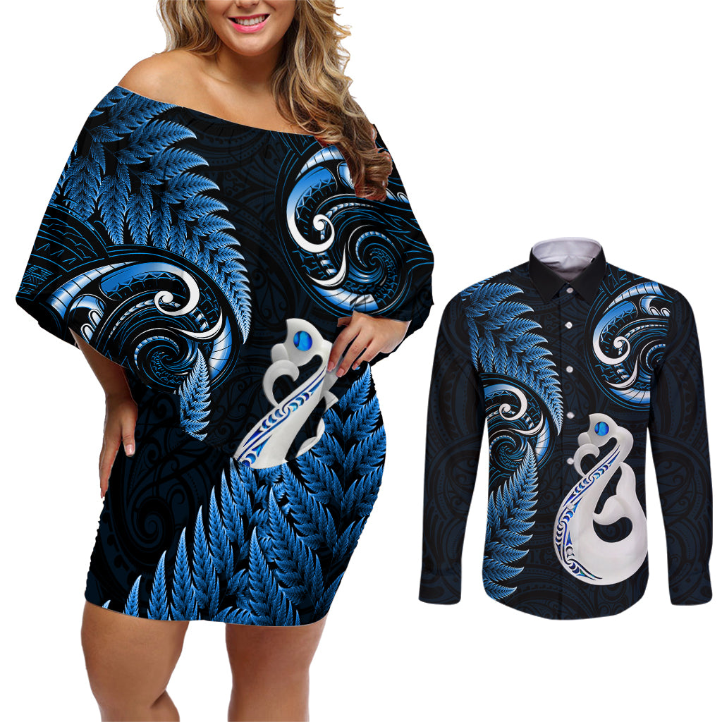 Personalised New Zealand Couples Off Shoulder Short Dress and Long Sleeve Button Shirts Aotearoa Silver Fern With Manaia Maori Unique Blue - Wonder Print Shop
