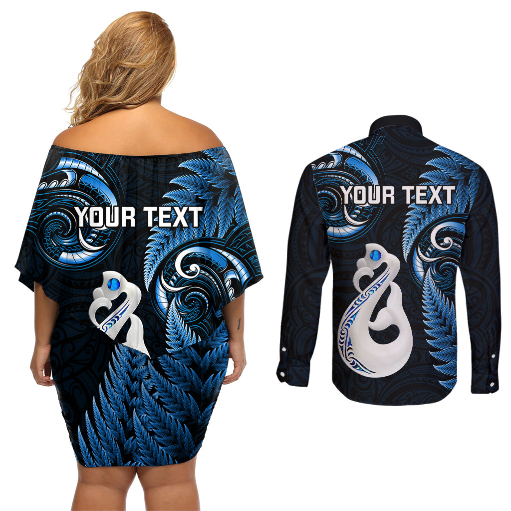 Personalised New Zealand Couples Off Shoulder Short Dress and Long Sleeve Button Shirts Aotearoa Silver Fern With Manaia Maori Unique Blue - Wonder Print Shop