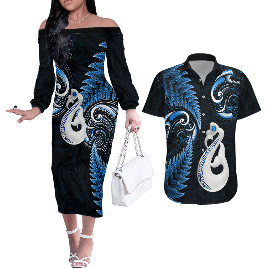 Personalised New Zealand Couples Off The Shoulder Long Sleeve Dress and Hawaiian Shirt Aotearoa Silver Fern With Manaia Maori Unique Blue - Wonder Print Shop