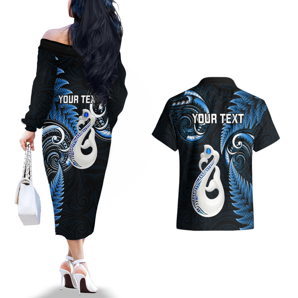 Personalised New Zealand Couples Off The Shoulder Long Sleeve Dress and Hawaiian Shirt Aotearoa Silver Fern With Manaia Maori Unique Blue - Wonder Print Shop