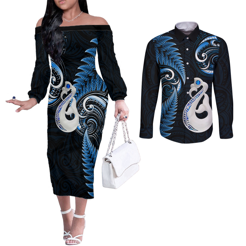 personalised-new-zealand-couples-off-the-shoulder-long-sleeve-dress-and-long-sleeve-button-shirts-aotearoa-silver-fern-with-manaia-maori-unique-blue