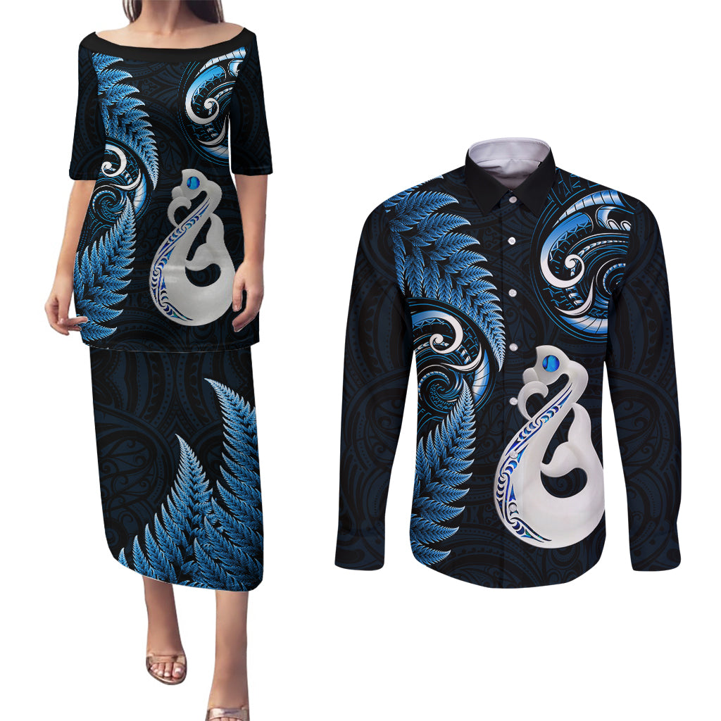 Personalised New Zealand Couples Puletasi Dress and Long Sleeve Button Shirts Aotearoa Silver Fern With Manaia Maori Unique Blue - Wonder Print Shop