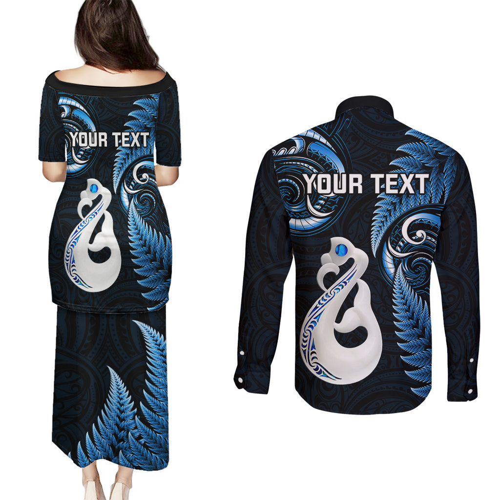Personalised New Zealand Couples Puletasi Dress and Long Sleeve Button Shirts Aotearoa Silver Fern With Manaia Maori Unique Blue - Wonder Print Shop