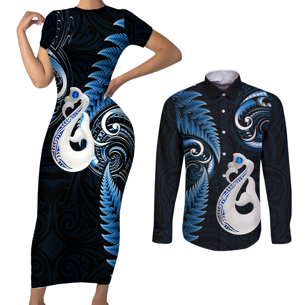 Personalised New Zealand Couples Short Sleeve Bodycon Dress and Long Sleeve Button Shirts Aotearoa Silver Fern With Manaia Maori Unique Blue - Wonder Print Shop